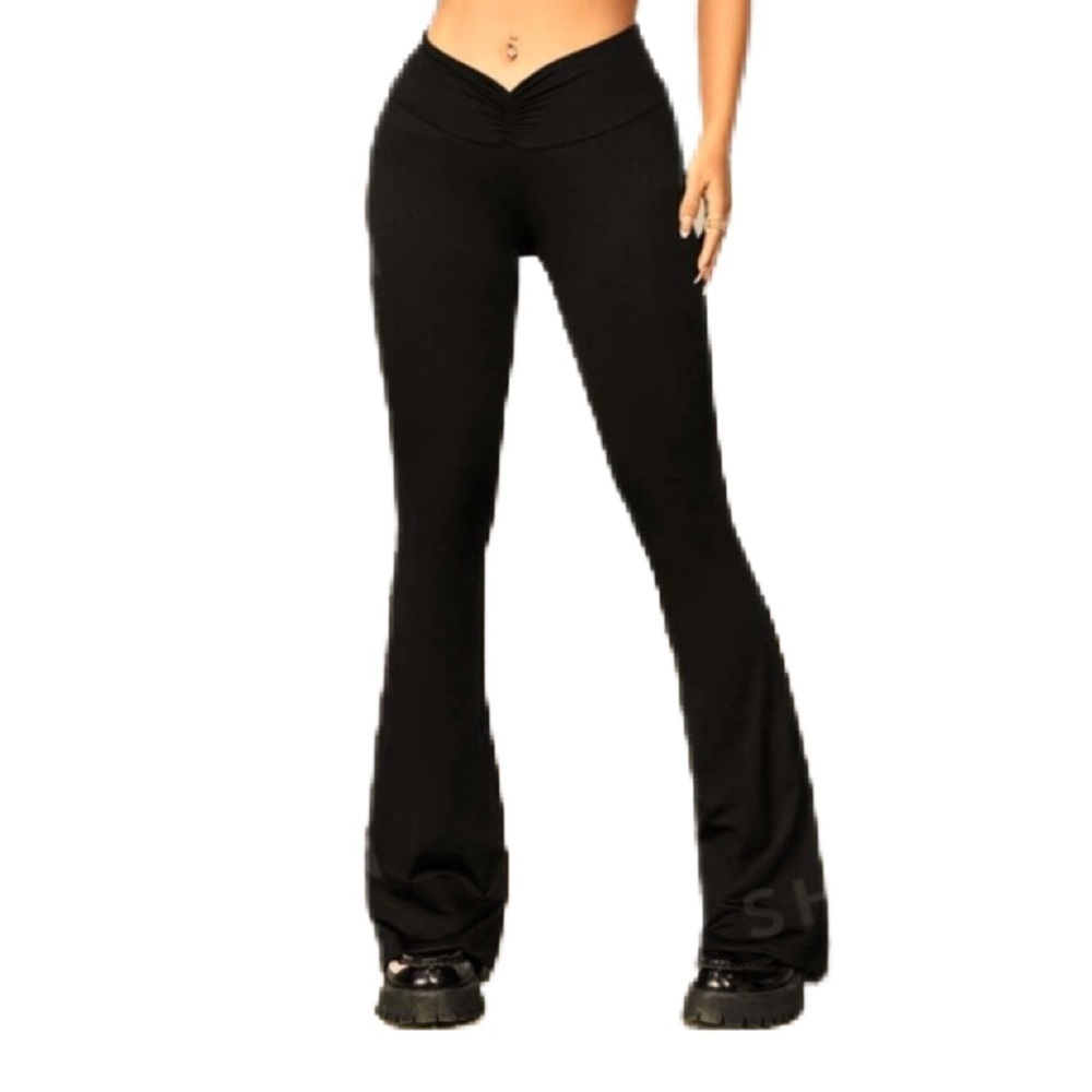 LOW RISE RUCHED V-WAIST RUCHED FLARE LIGHT MATERIAL PANTS LEGGINGS